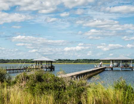 view of boat docks in north carolina marshes