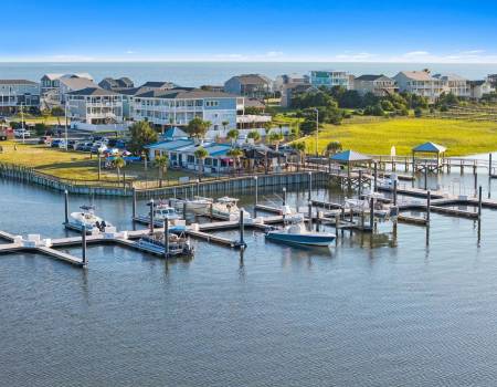 An aerial view of the blue water point marina