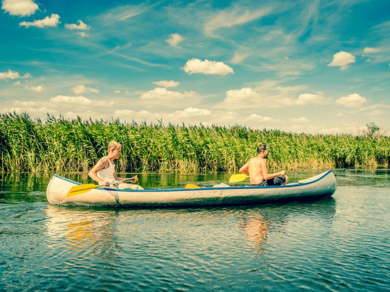 two men paddling a canoe in a marshy coastal waterway