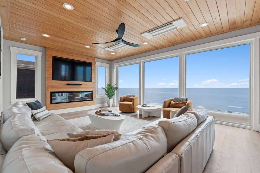 Vacation rental interior with ocean view in background